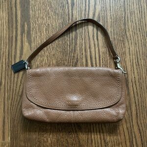COACH LEATHER LARGE WRISTLET COACH F51821 Cognac Brown Shoulder Clutch Bag